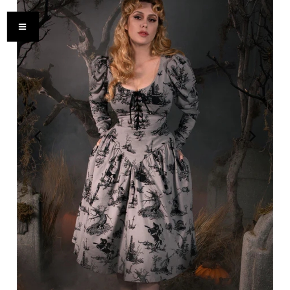 Sleepy Hollow Gothic Tales Toile Swing Dress in Grey la femme en noir